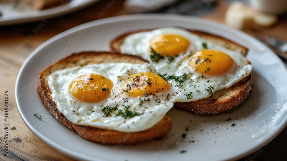 Fried eggs with herbs and toast on a white plate, served on a wooden table, set in a cozy, realistic kitchen atmosphere Fried eggs with herbs and toast on a white plate, served on a wooden table, set in a cozy, realistic kitchen atmosphere