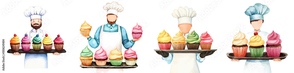 Chefs presenting colorful cupcakes on trays, vibrant and delightful, perfect for bakery promotions. Chefs presenting colorful cupcakes on trays, vibrant and delightful, perfect for bakery promotions.