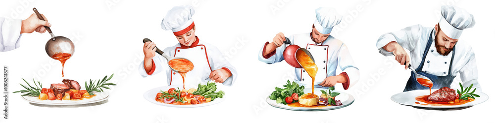 Chefs skillfully plating gourmet dishes with sauces and fresh ingredients, creating culinary art. Chefs skillfully plating gourmet dishes with sauces and fresh ingredients, creating culinary art.