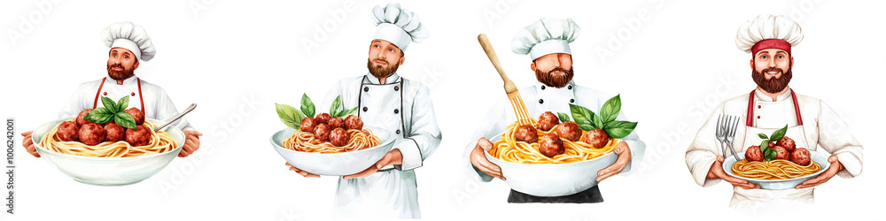 Four cheerful chefs presenting delicious pasta dishes on white background. Four cheerful chefs presenting delicious pasta dishes on white background.