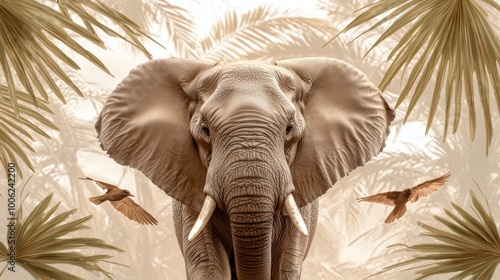 A black and white jungle animal wallpaper mural illustration depicts a tropical botanical landscape with palm trees, plants, elephants, and an elephant.