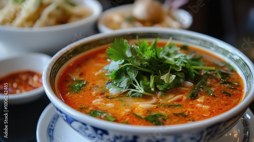 A bowl of tom yum soup served with a side of fresh Thai herbs and condiments, allowing diners to customize their soup to their liking.