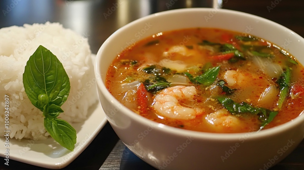 A bowl of tom yum soup served with a side of sticky rice, providing the perfect accompaniment to soak up the spicy and tangy flavors. A bowl of tom yum soup served with a side of sticky rice, providing the perfect accompaniment to soak up the spicy and tangy flavors.