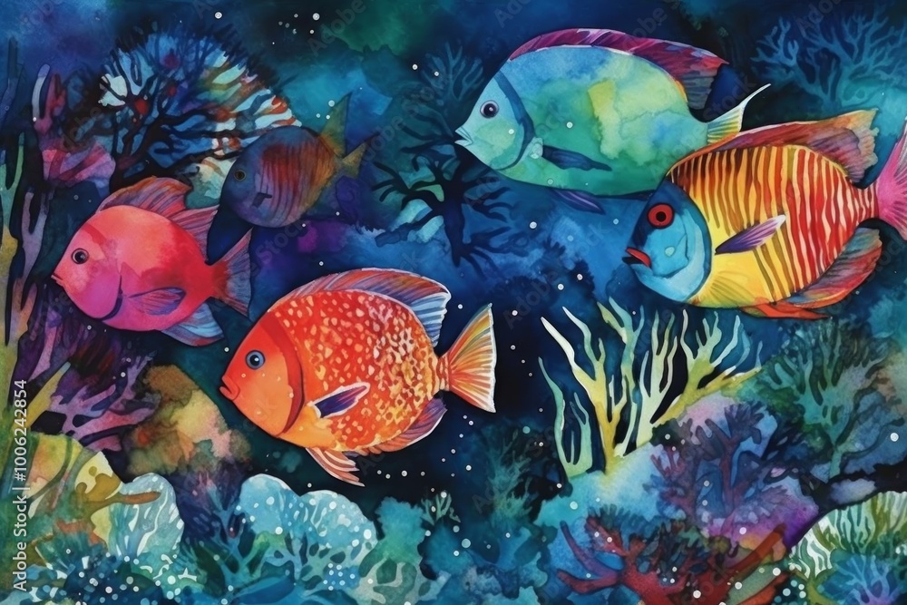 Fototapeta premium Colorful underwater scene with vibrant fish and coral reefs.