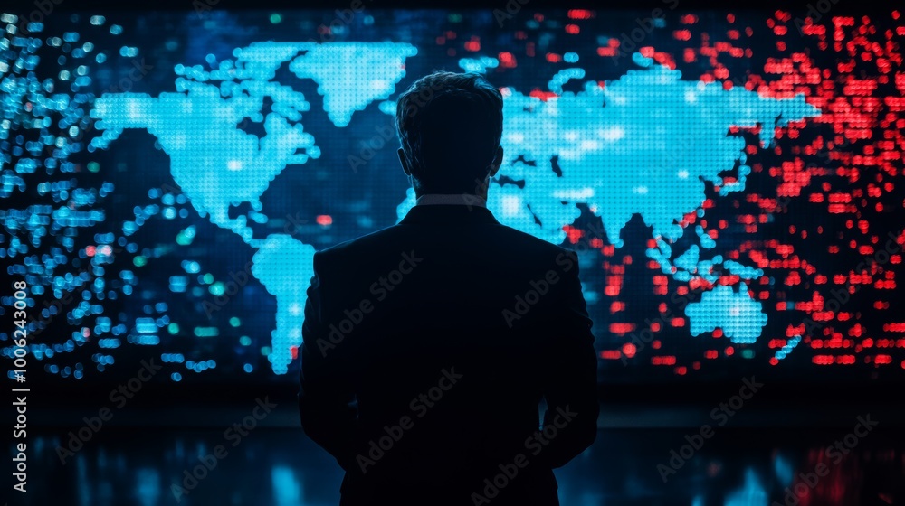 A news anchor standing in front of an interactive world map screen, highlighting breaking news across different countries A news anchor standing in front of an interactive world map screen, highlighting breaking news across different countries