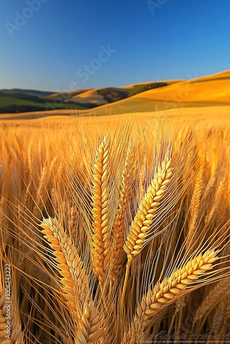 A detailed close-up panoramic view of golden wheat fields gently swaying in the breeze under a clear azure sky during a vibrant sunset. Warm sunlight casts a golden glow over the landscape.