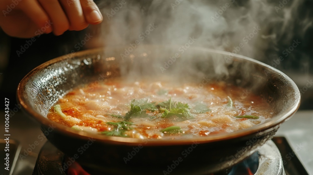 A chef preparing a traditional Thai tom yum soup over a smoky grill, infusing the broth with rich flavors and aromas.