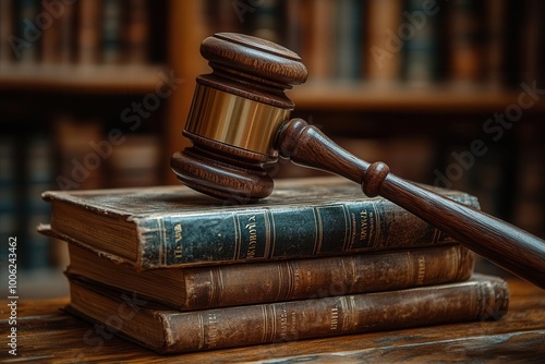 judges gavel resting on a stack of law books symbolizing justice and the legal profession set in a courtroom office space evoking a sense of authority and order within the legal realm photo