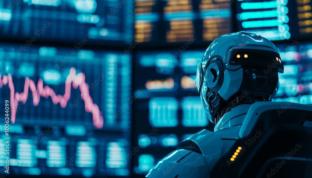 A robot in a control room, monitoring market volatility with multiple digital charts showing fluctuating stock values A robot in a control room, monitoring market volatility with multiple digital charts showing fluctuating stock values