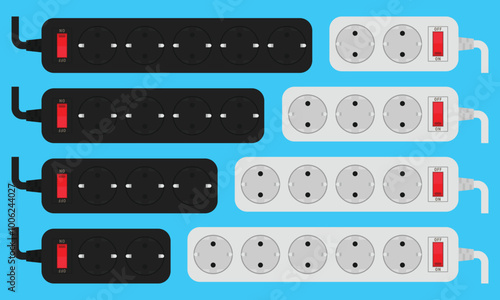Power strips with red switches and varying numbers of type F outlets
