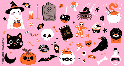 Set of cute Happy Halloween stickers on pink background. Set of mascots pumpkin, black cat, skeleton, ghost, eyes, bat, Halloween sweets and candies. Vector illustration in flat style