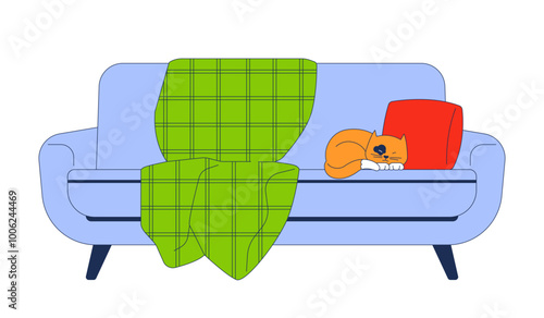 Blanket covered couch cozy with sleeping cat near pillow 2D cartoon object. Comfortable sofa with napping kitten isolated element flat vector clipart on white background. Spot illustration