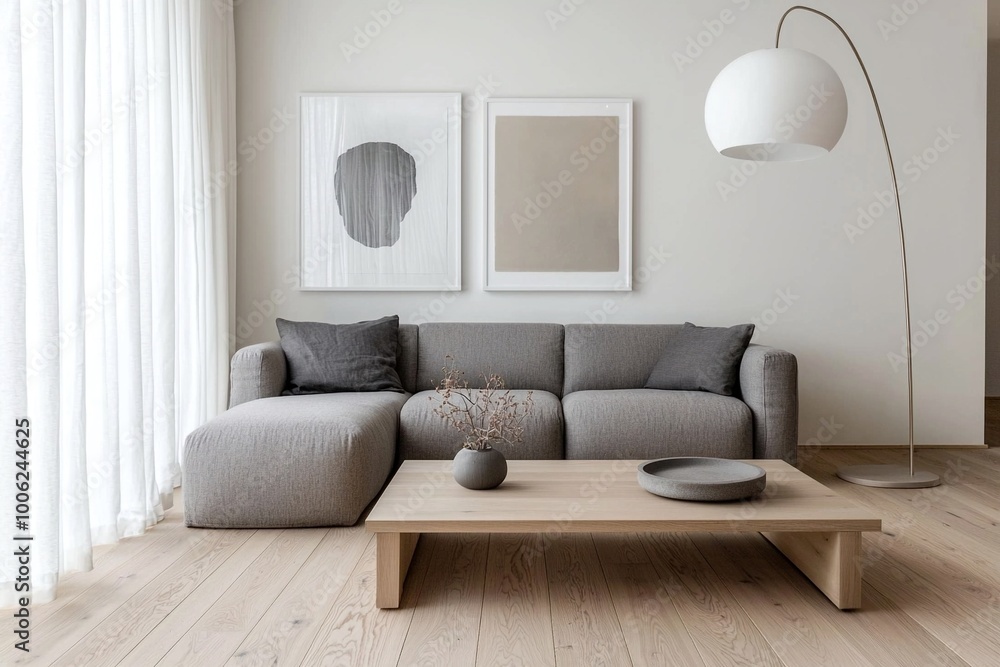 A mid-century modern interior photo of a living room with white walls hanging with art frames and light gray sofas and cushions. Generative AI
A mid-century modern interior photo of a living room with white walls hanging with art frames and light gray sofas and cushions. Generative AI