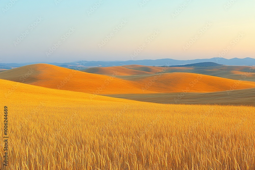 Obraz premium A detailed close-up panoramic view of golden wheat fields gently swaying in the breeze under a clear azure sky during a vibrant sunset. Warm sunlight casts a golden glow over the landscape.