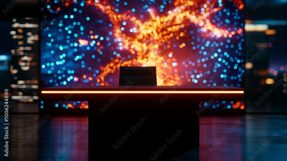 A sleek news anchor desk in front of a massive digital screen showing a heatmap of global weather patterns A sleek news anchor desk in front of a massive digital screen showing a heatmap of global weather patterns