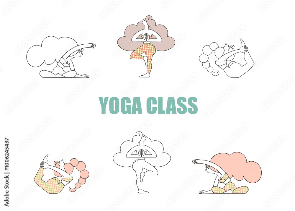 Obraz premium Health and wellness lifestyle illustrations with yoga class