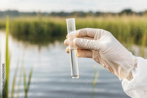 A volunteer holding a test tube with a water sample, monitoring pollution levels in a nearby lake affected by climate change photo