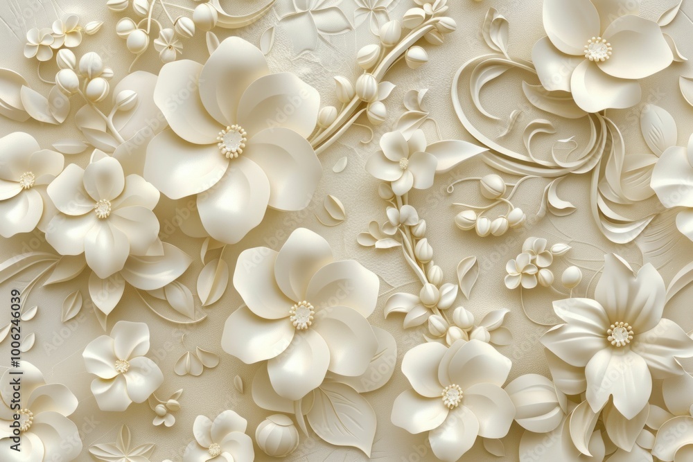 Elegant white floral relief on a soft beige background with intricate textures and delicate details Perfect for sophisticated designs and decor Elegant white floral relief on a soft beige background with intricate textures and delicate details Perfect for sophisticated designs and decor