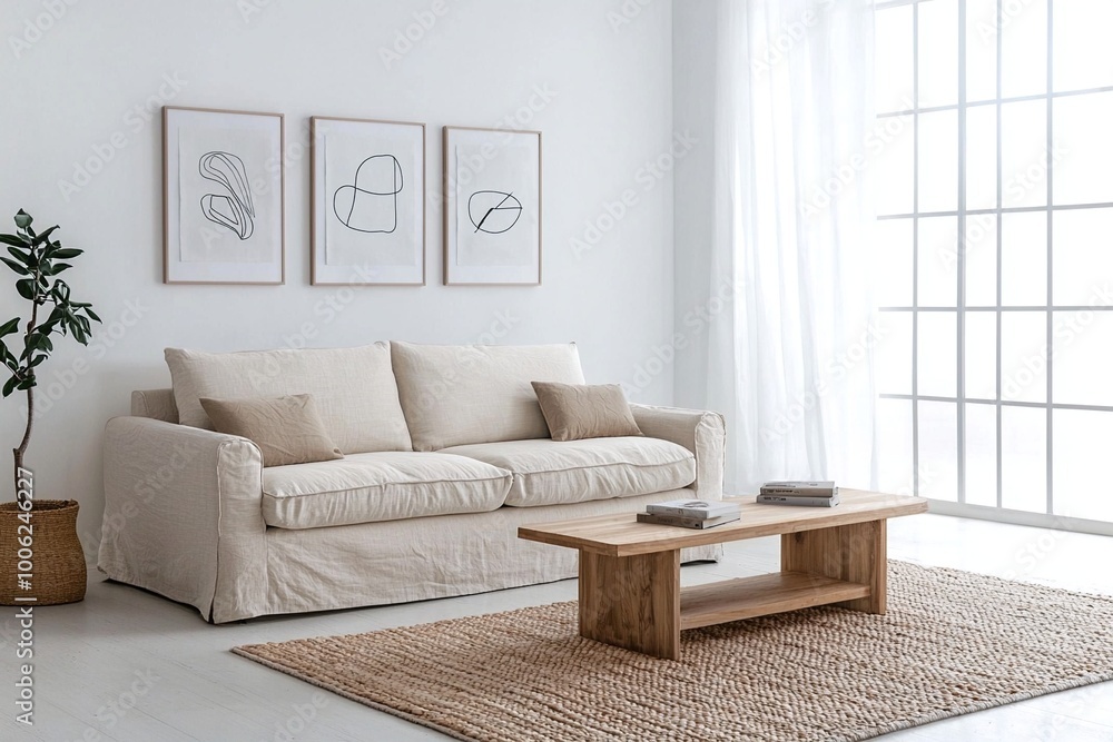 Obraz premium Scandinavian interiors in a modern living room with white walls hanging with art frames and white sofas and beige wood tables. Generative AI 