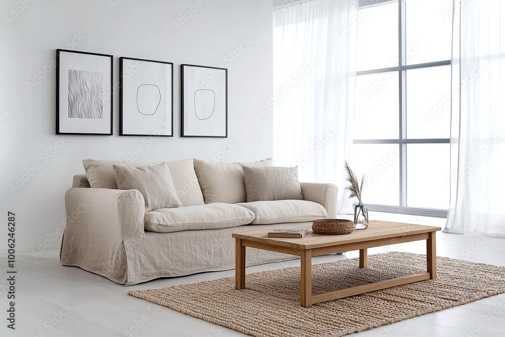 Fototapeta premium Scandinavian interiors in a modern living room with white walls hanging with art frames and white sofas and beige wood tables. Generative AI