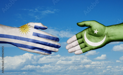 Pakistan and Uruguay country handshaking with flags, consensus concept international co-operation illustration