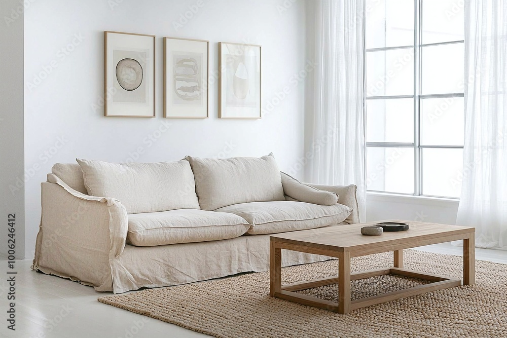 Scandinavian interiors in a modern living room with white walls hanging with art frames and white sofas and beige wood tables. Generative AI
Scandinavian interiors in a modern living room with white walls hanging with art frames and white sofas and beige wood tables. Generative AI
