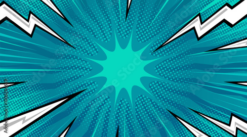 Comic Pop art light blue background with lightning flashes. Cute retro stripes pattern. Vector halftone illustration. For comic superhero text, speech bubble, message