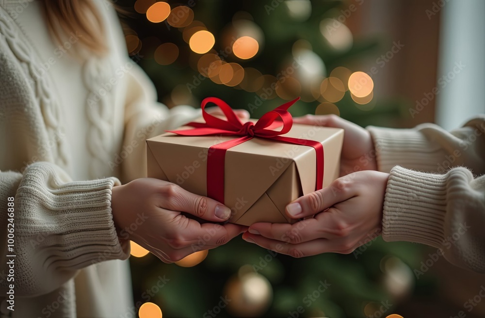 Close-up of the hands of a woman giving a Christmas gift to a man. the concept of a New Year's gift. Giving gifts during the Christmas, Happy New Year Close-up of the hands of a woman giving a Christmas gift to a man. the concept of a New Year's gift. Giving gifts during the Christmas, Happy New Year