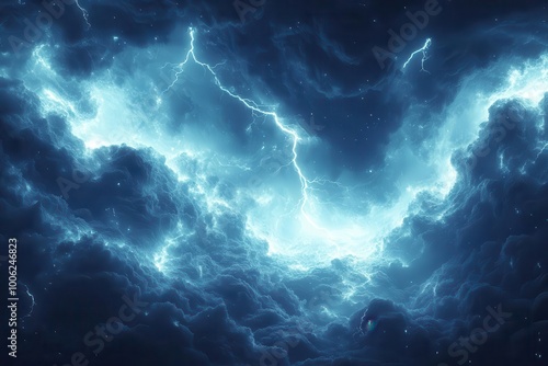 lightning and thunder effects illuminated the blue sky creating a dramatic and electrifying atmosphere filled with swirling clouds and flashes of light embodying natures power