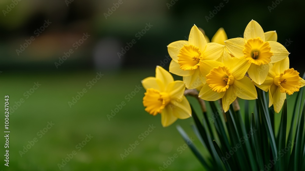 A cluster of vibrant yellow daffodils stands out against soft green foliage, capturing the essence of springtime with room for text on the left A cluster of vibrant yellow daffodils stands out against soft green foliage, capturing the essence of springtime with room for text on the left