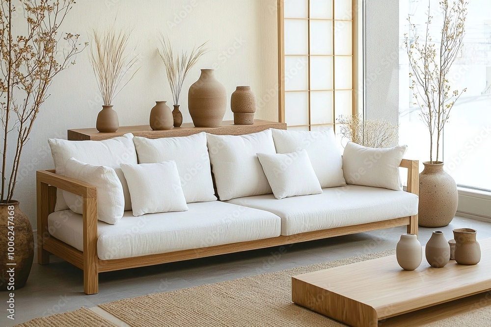 A Scandinavian interior photo of a modern living room with a white cushioned sofa in a wood frame and wood table and Scandinavian interior accessories. Generative AI
A Scandinavian interior photo of a modern living room with a white cushioned sofa in a wood frame and wood table and Scandinavian interior accessories. Generative AI