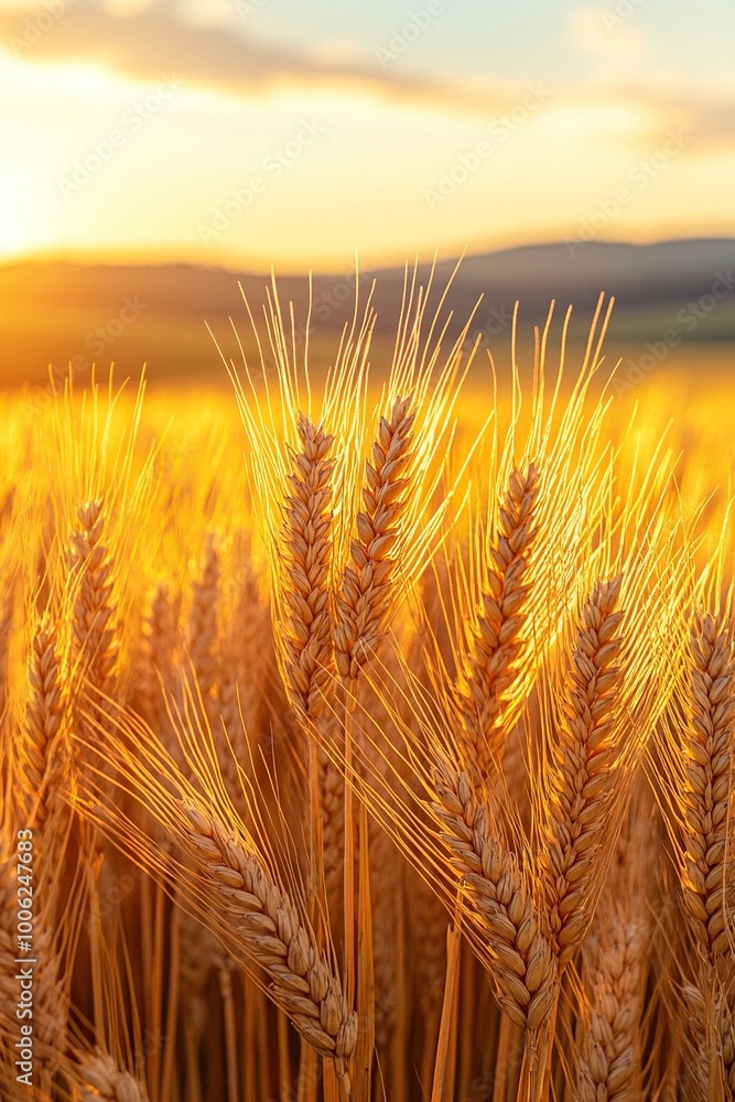 A detailed close-up panoramic view of golden wheat fields gently swaying in the breeze under a clear azure sky during a vibrant sunset. Warm sunlight casts a golden glow over the landscape. A detailed close-up panoramic view of golden wheat fields gently swaying in the breeze under a clear azure sky during a vibrant sunset. Warm sunlight casts a golden glow over the landscape.
