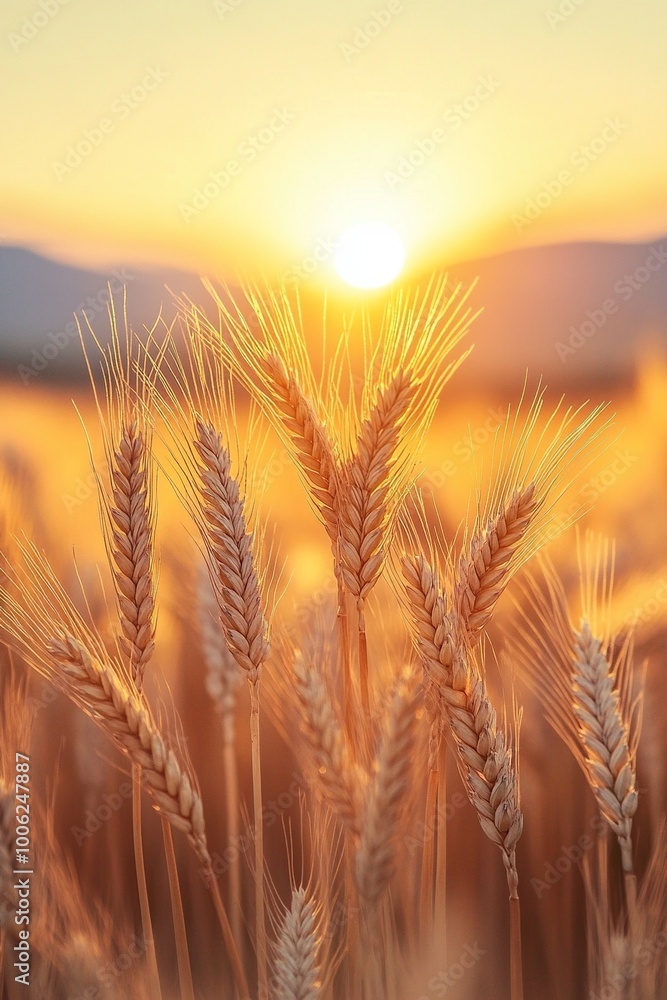 A detailed close-up panoramic view of golden wheat fields gently swaying in the breeze under a clear azure sky during a vibrant sunset. Warm sunlight casts a golden glow over the landscape. A detailed close-up panoramic view of golden wheat fields gently swaying in the breeze under a clear azure sky during a vibrant sunset. Warm sunlight casts a golden glow over the landscape.