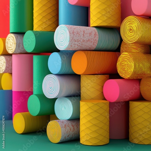 Colorful rolls of paper stacked in neat arrangement, perfect for creative projects. photo