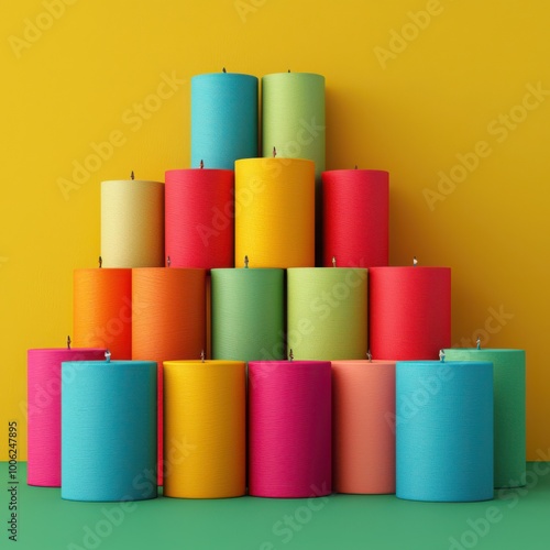 Colorful stacked candles on a vibrant background, perfect for decoration or relaxation.