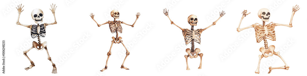 Playful skeletons dancing, fun Halloween decoration, white isolated background. Playful skeletons dancing, fun Halloween decoration, white isolated background.