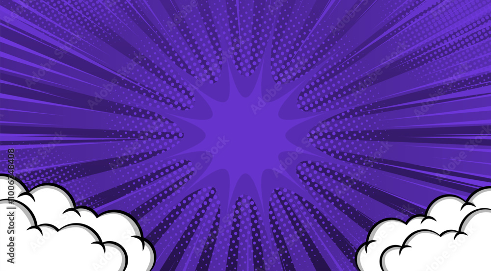 Fototapeta premium Comic Pop art purple background with clouds. Cute retro stripes pattern. Vector halftone illustration. For comic superhero text, speech bubble, message