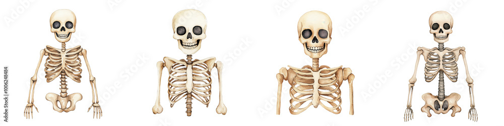 Skeleton models in various poses, white isolate background Skeleton models in various poses, white isolate background