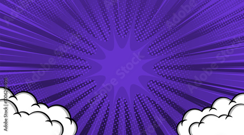 Comic Pop art purple background with clouds. Cute retro stripes pattern. Vector halftone illustration. For comic superhero text, speech bubble, message