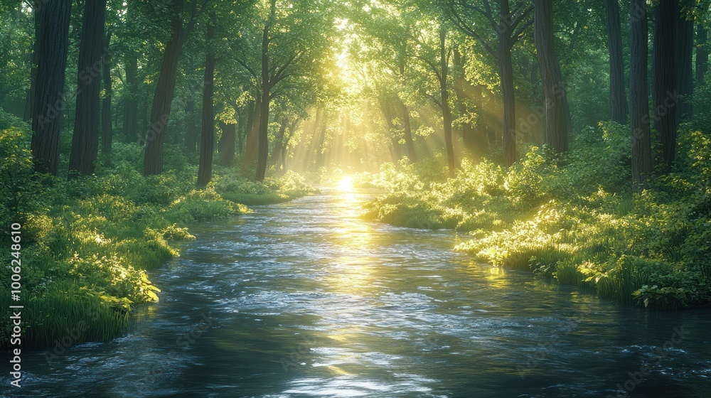 A river flows through a dense forest, bathed in the golden light of the morning sun. A river flows through a dense forest, bathed in the golden light of the morning sun.