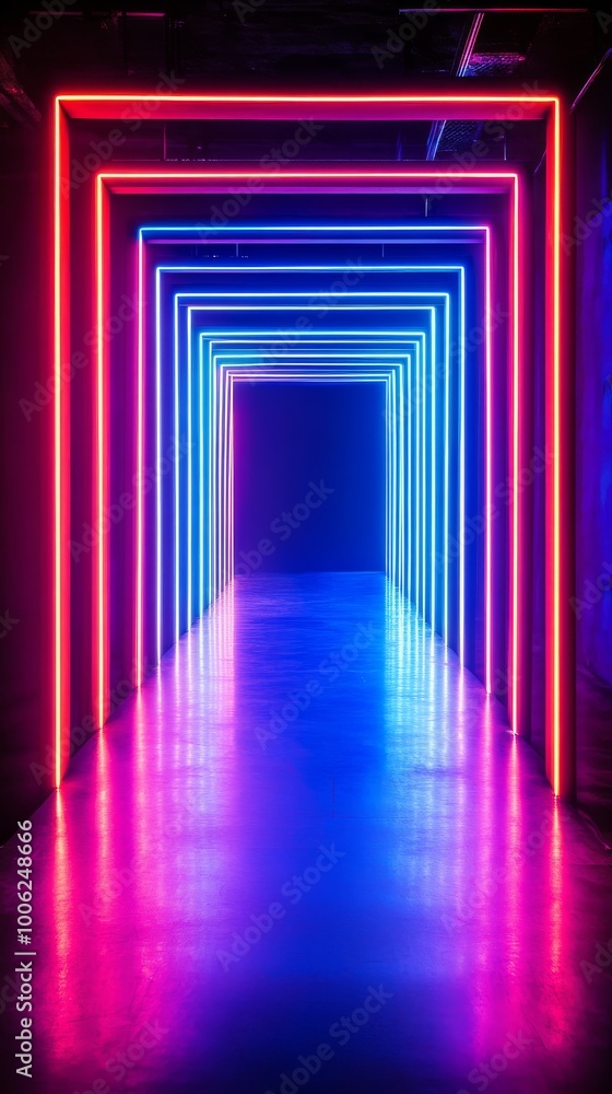 Neon lights corridor glowing in a dark room Neon lights corridor glowing in a dark room
