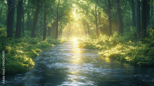 A river flows through a dense forest, bathed in the golden light of the morning sun.