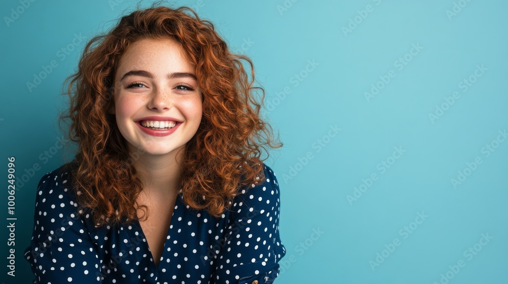 A cheerful young woman with curly auburn hair beams with a bright smile while wearing a blue polka-dot dress, exuding happiness against a soft light blue backdrop A cheerful young woman with curly auburn hair beams with a bright smile while wearing a blue polka-dot dress, exuding happiness against a soft light blue backdrop