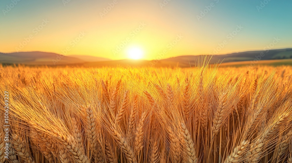 A detailed close-up panoramic view of golden wheat fields gently swaying in the breeze under a clear azure sky during a vibrant sunset. Warm sunlight casts a golden glow over the landscape. A detailed close-up panoramic view of golden wheat fields gently swaying in the breeze under a clear azure sky during a vibrant sunset. Warm sunlight casts a golden glow over the landscape.