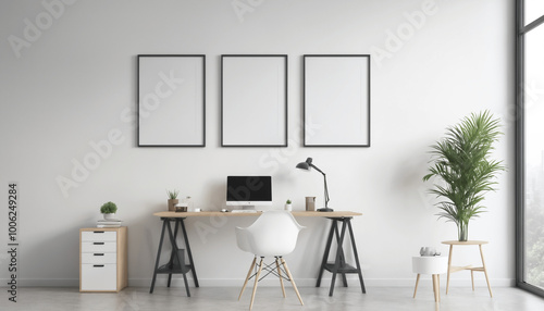 Mock up frame hanging on a white wall with minimal decoration in office interior background