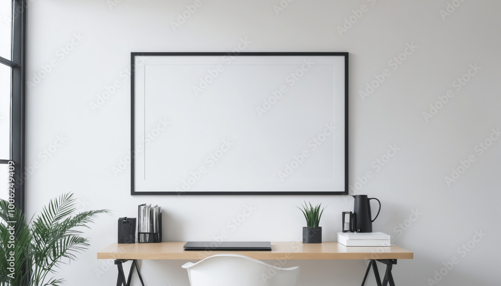 Mock up frame hanging on a white wall with minimal decoration in office interior background Mock up frame hanging on a white wall with minimal decoration in office interior background
