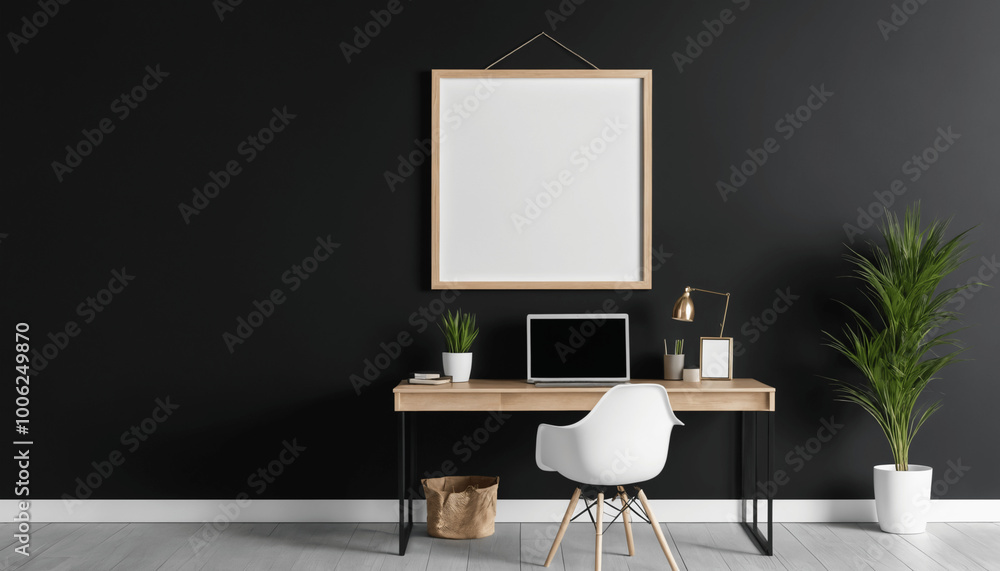 Fototapeta premium Mock up frame hanging on a black wall with minimal decoration in office interior background