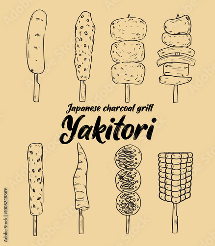 Collection of hand drawn Yakitori Japanese charcoal grill skewers food vector illustration set2