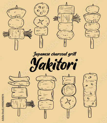 Collection of hand drawn Yakitori Japanese charcoal grill skewers food vector illustration set3