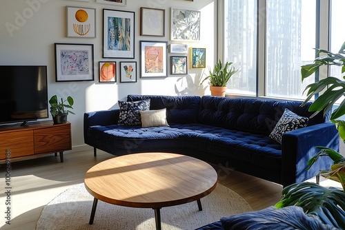 A photo of a mid-century modern interior in a living room with a blue sofa and art frames hanging. Generative AI
